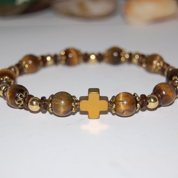 Cross Bracelet,Rosary Bracelet,Tiger Eye Bracelet,Cross Rosary Bracelet,Tiger Ey - Picture 4 of 5